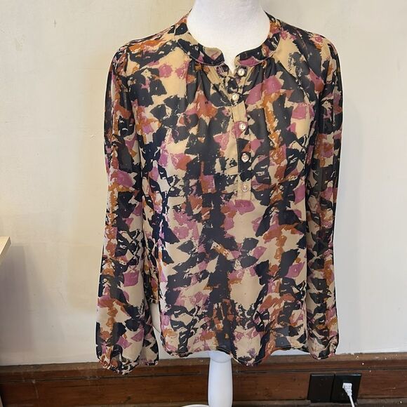 Lily White Chic Multicolor long sleeve sheer Abstract Blouse Size M EUC - Picture 2 of 9